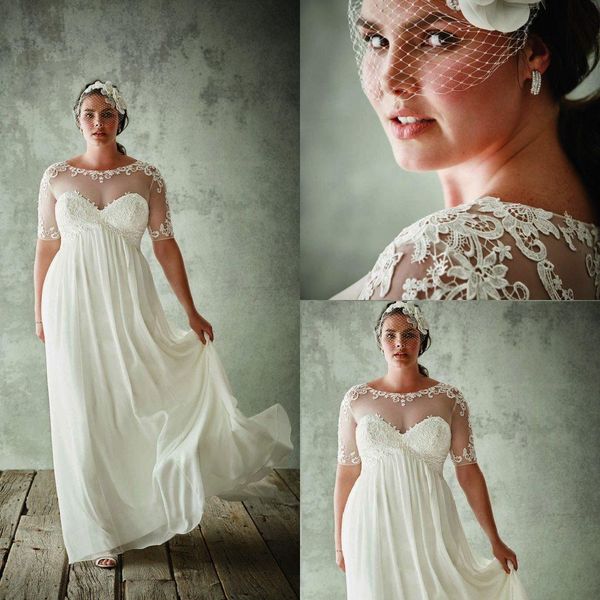 

2020 плюс размер свадебные платья с рукавами половина sheer jewel шеи a line кружева appliqued свадебные платья шифон империи талии свадебно, White
