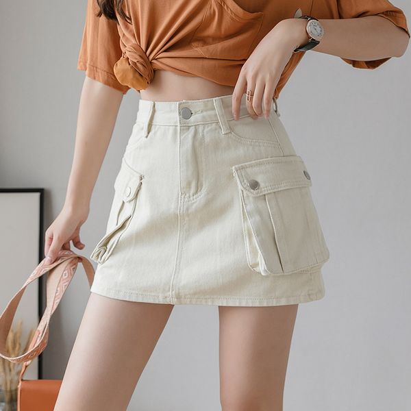 

summer women jeans skirts fashion casual tooling pockets mini skirt ladies korea blue high waist was thin denim skirt, Black