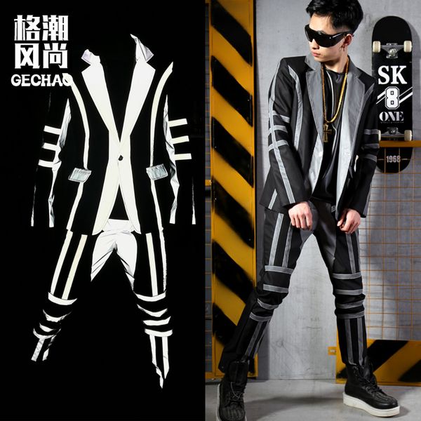 

men reflective stripe splice suit sets male nightclub fashion hip hop singer dancer stage wear costumes tailor-made, White;black