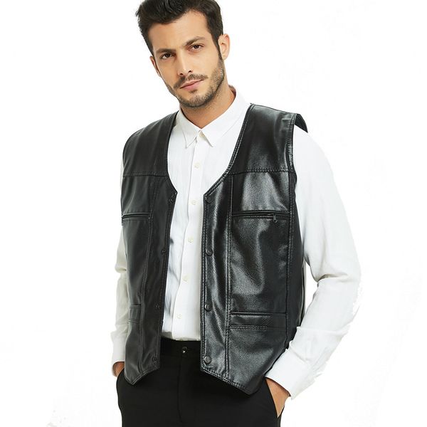

winter leather black vest men v neck sleeveless motorcycle jacket velvet warm faux leather waterproof vest male oversize 4xl 5xl, Black;white
