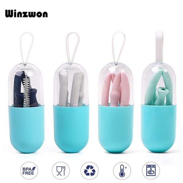 

1set silicone collapsible straw reusable glass drinking straws with cleaning brush box for home party drink bar accessories