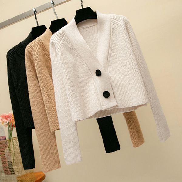 

tingyili crop sweater cardigan women korean autumn winter elegant knitted sweater cardigan beige khaki black female, White