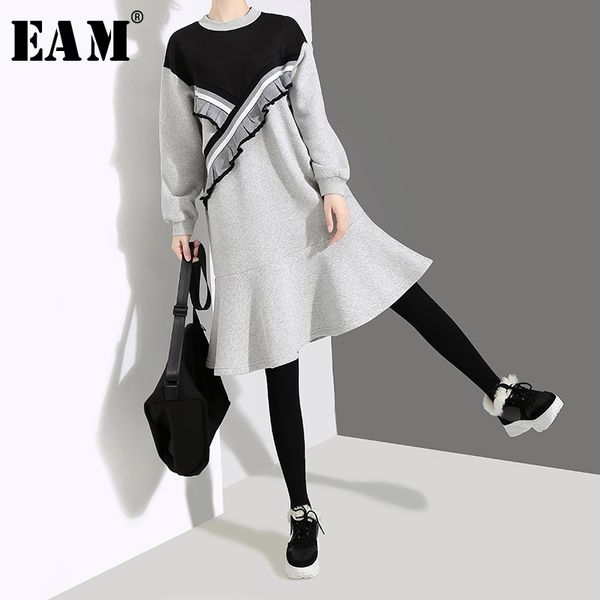 

casual dresses [] 2022 spring winter round neck long sleeve black hit color striped ruffles stitch loose dress women fashion tide jl104, Black;gray