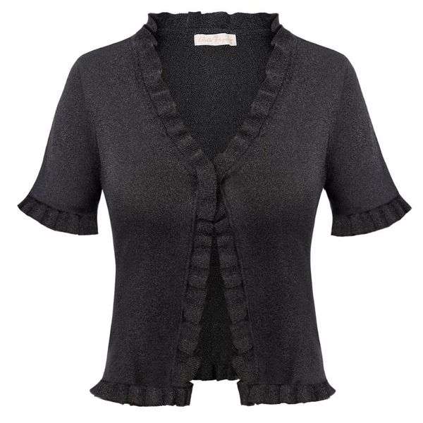 

women bolero shrug frill trim cropped length cardigan knitting coat short sleeve one-button coats lady summer elegant party, Black;brown