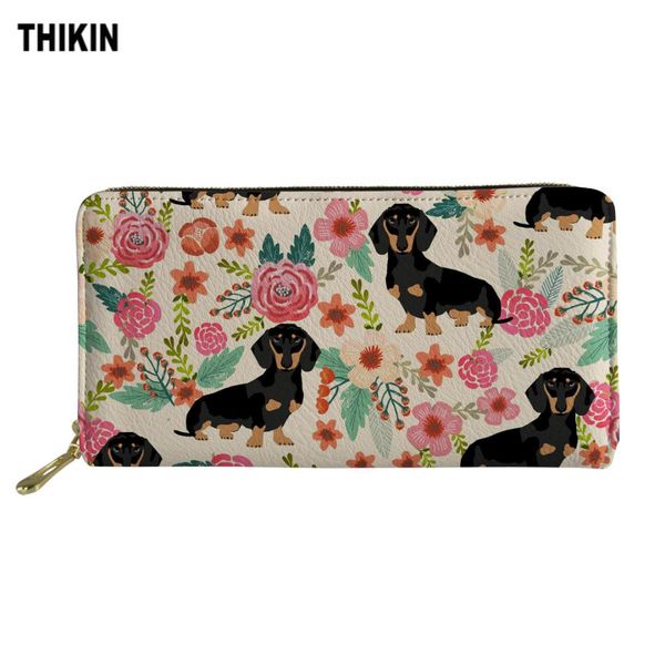 

thikin cartoon dachshund and floral print women long wallets female fashion clutch phone card holder for girls kawaii money bag, Red;black