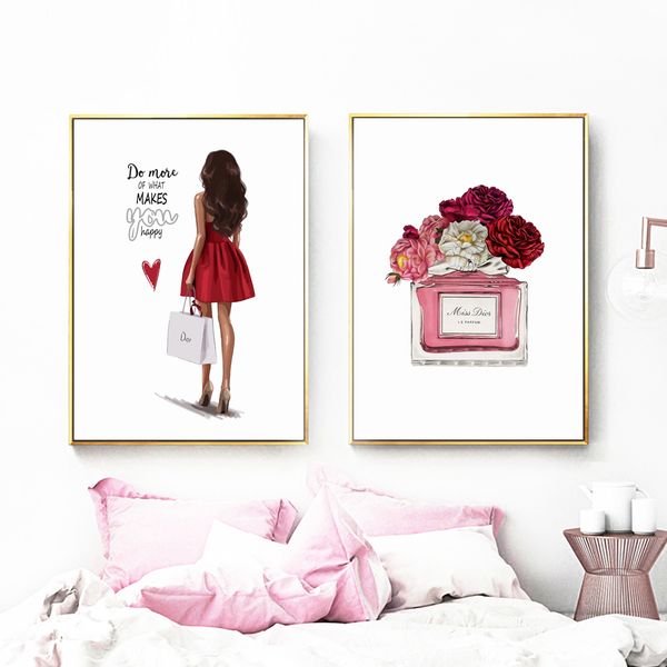 

fashion girl rose perfume wall art canvas painting watercolor nordic posters and prints wall pictures for living room home decor