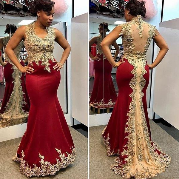 

2019 burgundy mermaid evening dresses gold lace applique beads sweep train jewel neck sheer sleeveless plus size party prom gown, White;black