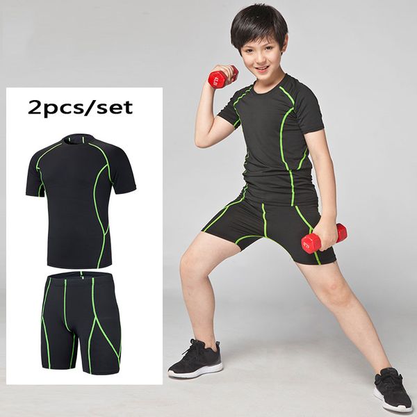 

running sets kids shorts sportswear compression clothes soccer football basketball tennis shirts gym sports suits, Black;blue