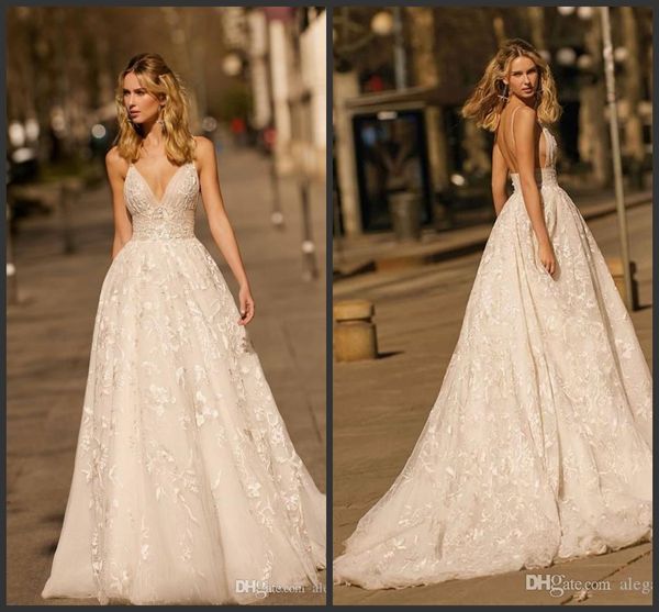 

элегантный sexy v-образным вырезом line свадебные платья богемское бретельках backless шнурка аппликация платье венчания пляжа свадебные пла, White