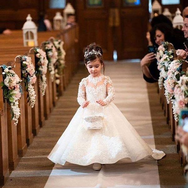 Neue wunderschöne 2020 weiße Spitzen-Blumenkleider für Hochzeit, Perlen, Juwelenausschnitt, lange Ärmel, A-Linie, Prinzessin, kleine Mädchen-Brautkleider