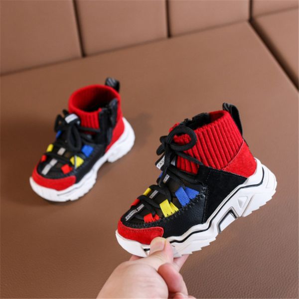 

dimi 2019 warm plush high help children shoes boy girl infant sport shoes non-slip soft bottom winter kids sneaker, Black;red