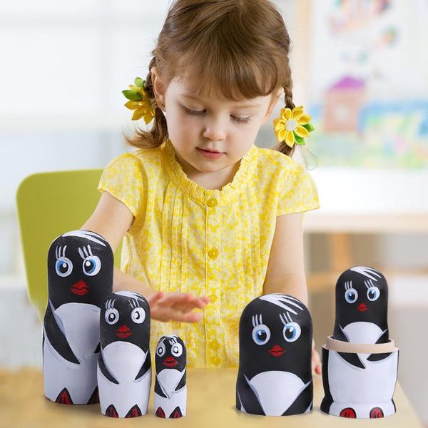

5 layers color painted penguin basswood nesting dolls home ornament gifts