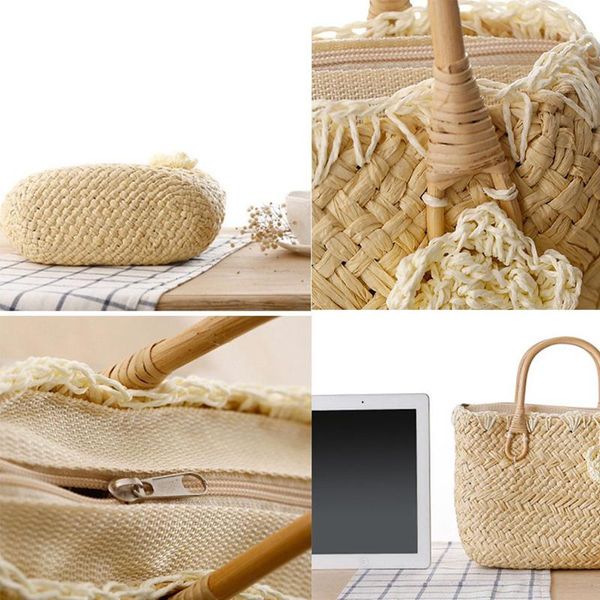 

women straw handbags beach tote for vacation/travel shopper market bag shoulder handbag, #1 beige