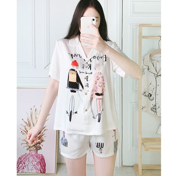 

cute girls printed pajamas set summer short sleeve sleepwear turn-down collar casual nightwear soft nighty home clothes, Black;red