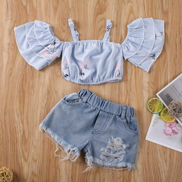 

toddler baby kids girls off shoulder t-shirt + denim skirt shorts outfits, White