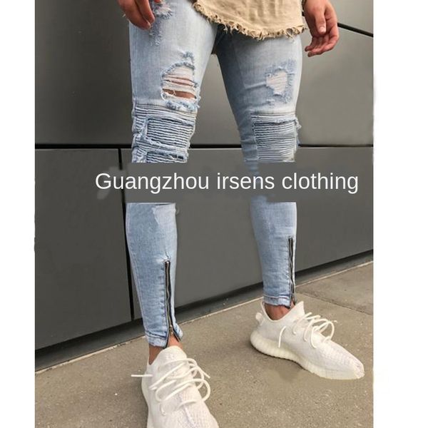 

mens designer jeans holes slim tight leggings light-colored trousers, Blue