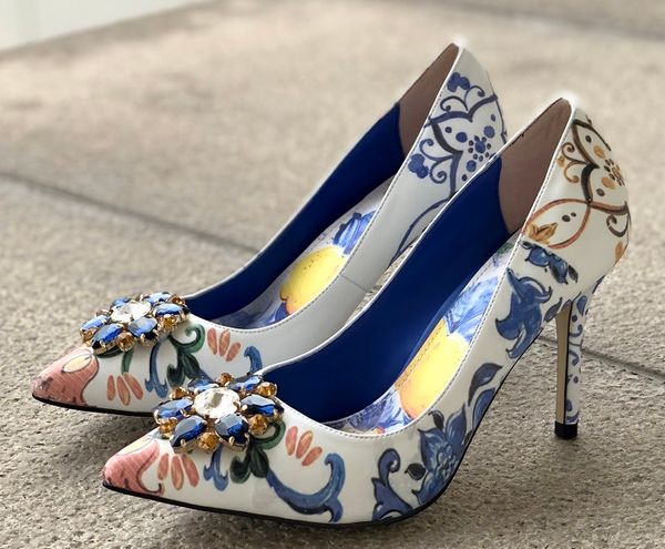 

2019 diamond stiletto high heels pillage pointed toes paisley printed rose flowers dress shoes party wedding blue siz 35-41 02, Black