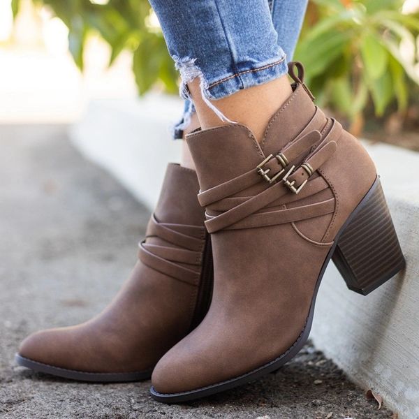 

puimentiua vintage boots women buckle pu shoes women short boots square heels fashion pointed toe ankle all match breathable, Black