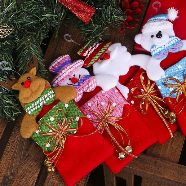 

christmas decorations for home hanging gift bag bowknot with bells santa clause snowman elk bear christmas tree pendent decor
