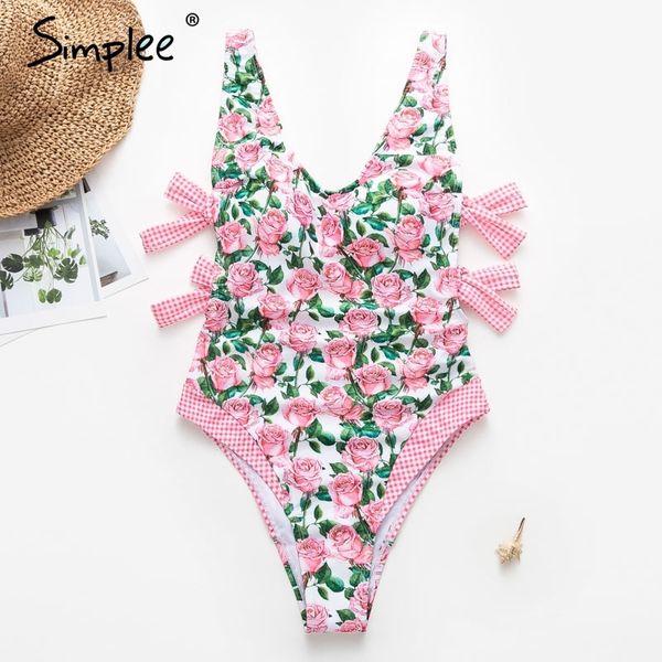 

simplee bohemian floral print co-ordinate women swimwear elegant side bow stretch female swimsuit summer push up padded swimsuit, White;black