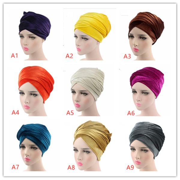 Nuovo turbante di velluto caldo conveniente cappello di velluto invernale colorato cappello musulmano a coda lunga per esterno Sciarpa avvolta per le donne A07