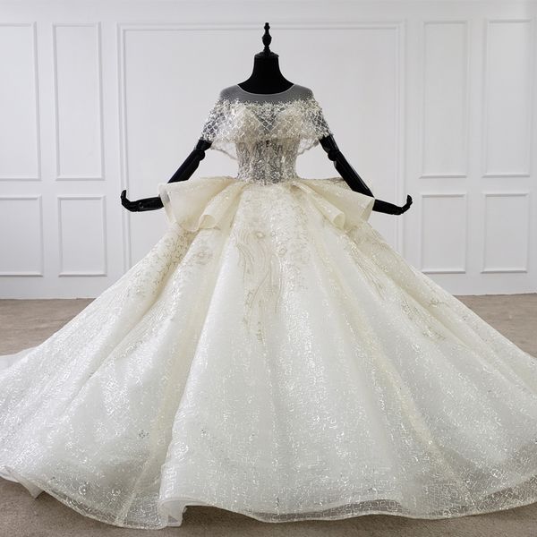 

2020 пляж свадебные платья o-образным вырезом с плеча с коротким рукавом бальное платье блесток аппликация кружева сексуальное платье женщин, White