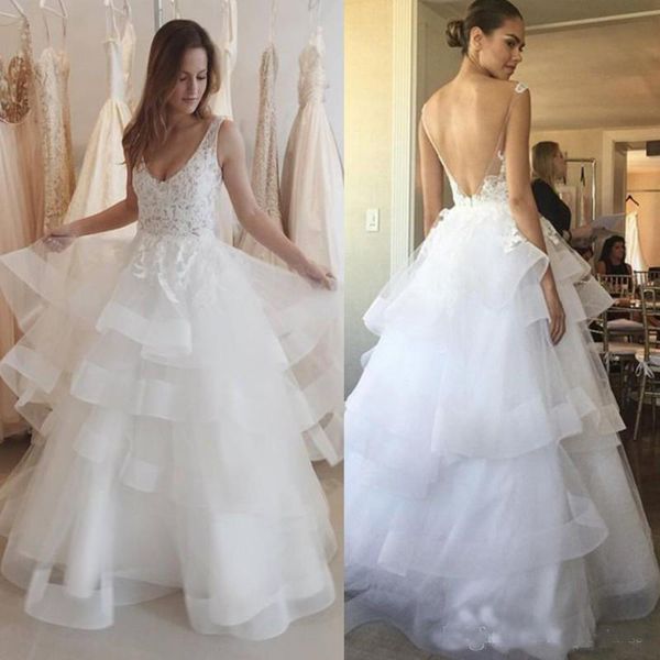 

2019 Romantic White A Line Wedding Dresses Summer Wedding Bridal Gowns Sexy Backless Tier Layered Ruffles Floor Length Vestidos De Novia