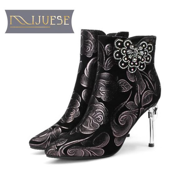 

mljuese 2019 women ankle boots kid suede totem floral winter warm boots thin heel high heels women party dress size 33-41, Black