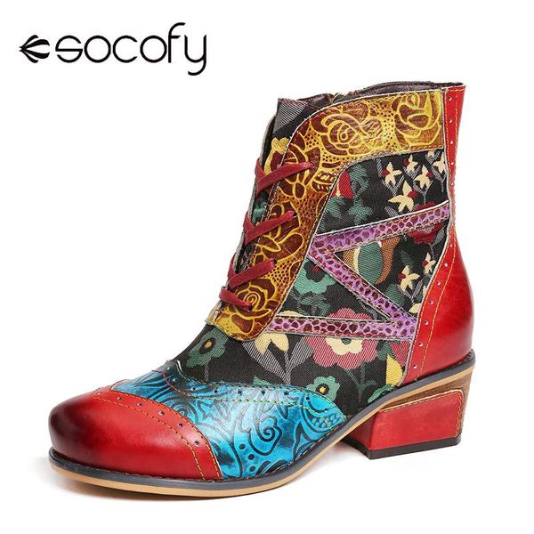 

socofy embossed genuine leather splicing flower pattern lace up zipper flat short boots elegant shoes women shoes botas mujer, Black