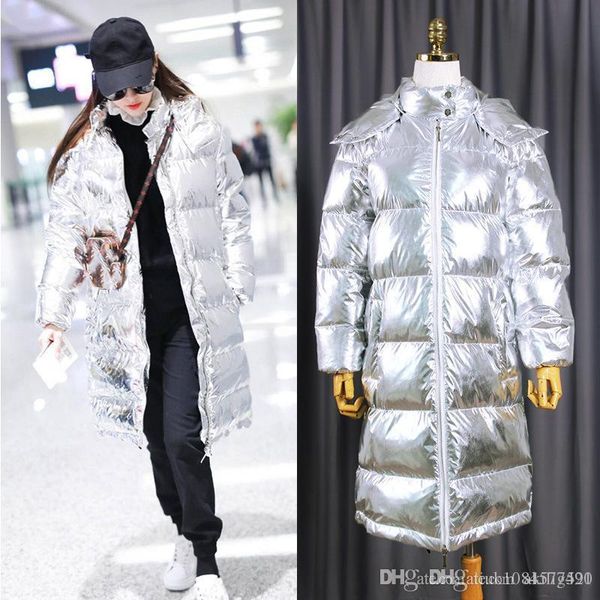 

19ss new stars с той же самой серебряной средней длиной за-колено марки shiny для slim женщины толстого пуховик женщина размер s, Black