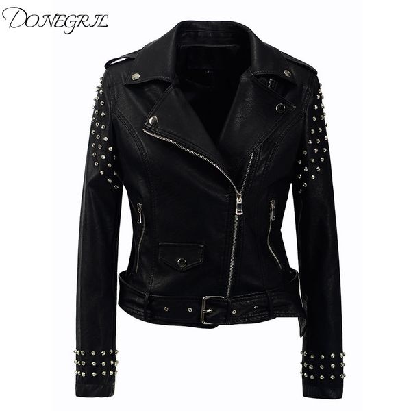 

2019 spring and autumn new epaulettes rivet handsome leather short motorcycle clothing pu jacket jacket female, Black