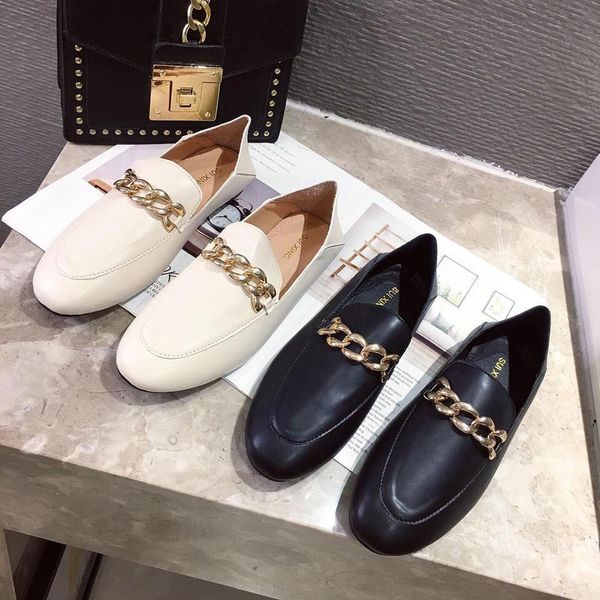 

casual woman shoe round toe korean shoes loafers with fur metal chain female footwear autumn 2019 new driving slip-on buckle, Black