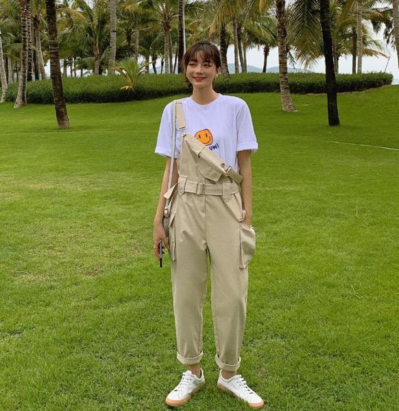 

2020 summer loose apricot suspenders straight leg cotton female overalls side pockets with belt casual rompers jumpsuit women, Black;white