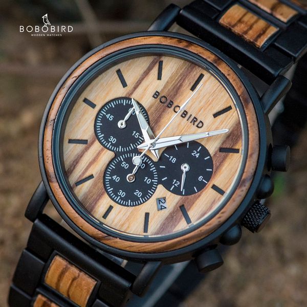 

bobo bird wood watch men satch chronograph relojes hombre show date wooden quartz wristwatch male timepieces in gift box ly191216, Slivery;brown