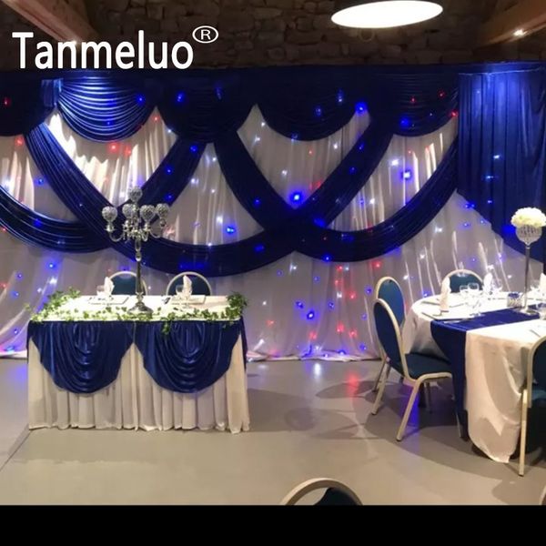 3m 6m White Color Ice Silk Wedding Backdrops With Royal Blue Swag Stage Background Drape Curtain Wedding Baby Shower Party Decor Childrens Party