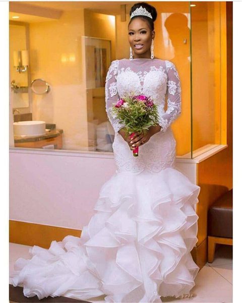 

long sleeve boat neck wedding dresses beaded lace ruffles organza tiered skirt mermaid african bridal gown custom plus size robe de mariee, White