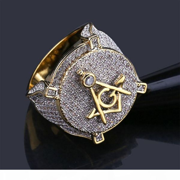 

luxury hip hop ason symbol masonic rings mens micro pave cubic zirconia bling bling simulated diamonds 18k gold plated ring, Golden;silver