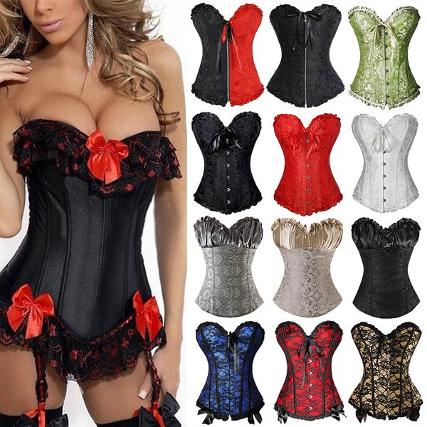 

red corset bustier lingerie steampunk women gothic waist trainer bow satin polyester lace up corset waist cinchers and bustiers, Black;white