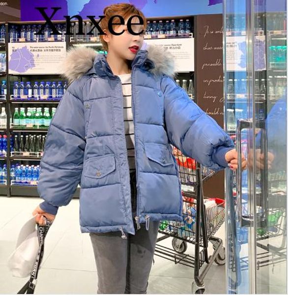 

women winter jacket parkas big fur collar hooded coat 2019 new causal long sleeve thicken loose female solid parkas coat, Black