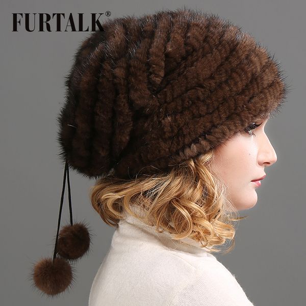 

furtalk beanie hat for women winter knitted real fur russian hat warm fur beret cap pompom hats for female 2019, Blue;gray