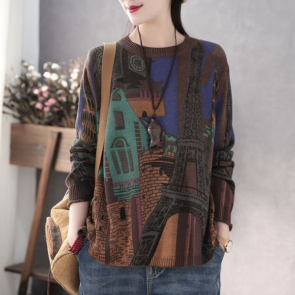 

печать старинных женских шею длинными рукавами пуловер свитер рыхлого шерстяной свитер, White;black