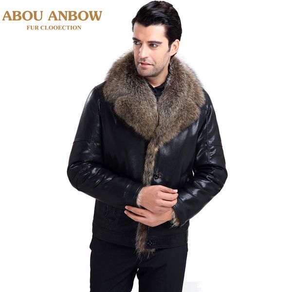 

casual men fur coat with real fur lined fashion winter new leather jacket warm overcoat black outerwear
