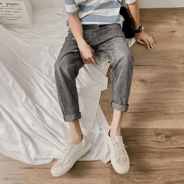 

2020 men's grey color stretch slim fit casual pants holes wash fashion jeans biker denim high-quality trousers plus size s-2xl, Blue