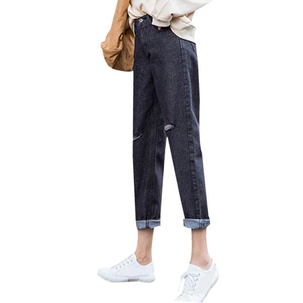 

jeans women's high-waisted harem pants 2020 korean-style spring loose and plus-sized fat mm holes capri pants, Blue
