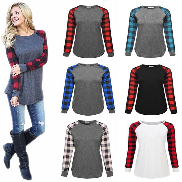 Big Girls Plaid T Shirt Panel Raglan Pullover a maniche lunghe Camicette Primavera Autunno Camicie Casual Tuta Top T-shirt in cotone S-5XL M293