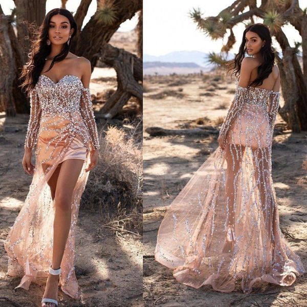 

a line evening dresses tulle with glitter sweetheart long sleeve prom dress sweep tarin sequins high split special occasion dresses, Black;red