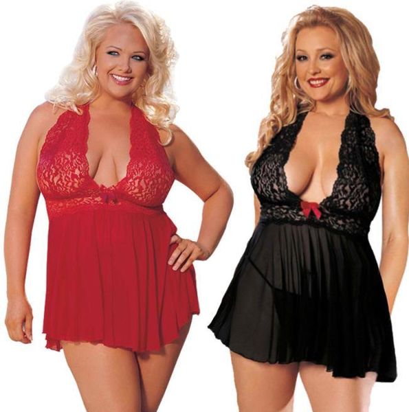 

женщины sexy пижама lace холтер плюс размер sexy юбка красный черный 5xl 6xl, Black;white