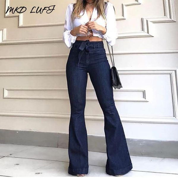 

high waist bell-bottom wide leg denim jeans women drawstring casual long pants, Blue