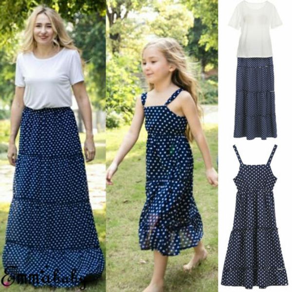 

семья matching мать и дочь в горошек платье девушки женщин maxi длинное платье q, Blue