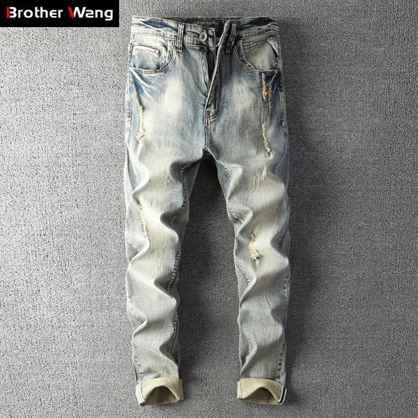 

men's retro jeans 2019 autumn winter new fashion stretch ripped skinny jean brand cotton thick slim fit trousers male, Blue